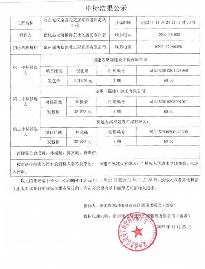 浔东社区宝泰花苑居家养老服务站工程中标结果公示 - 憨鼠网