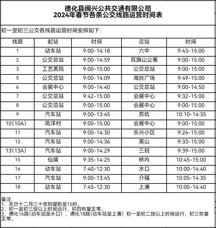 关于2024年春节期间德化公交运营有关事项的公告 - 憨鼠网