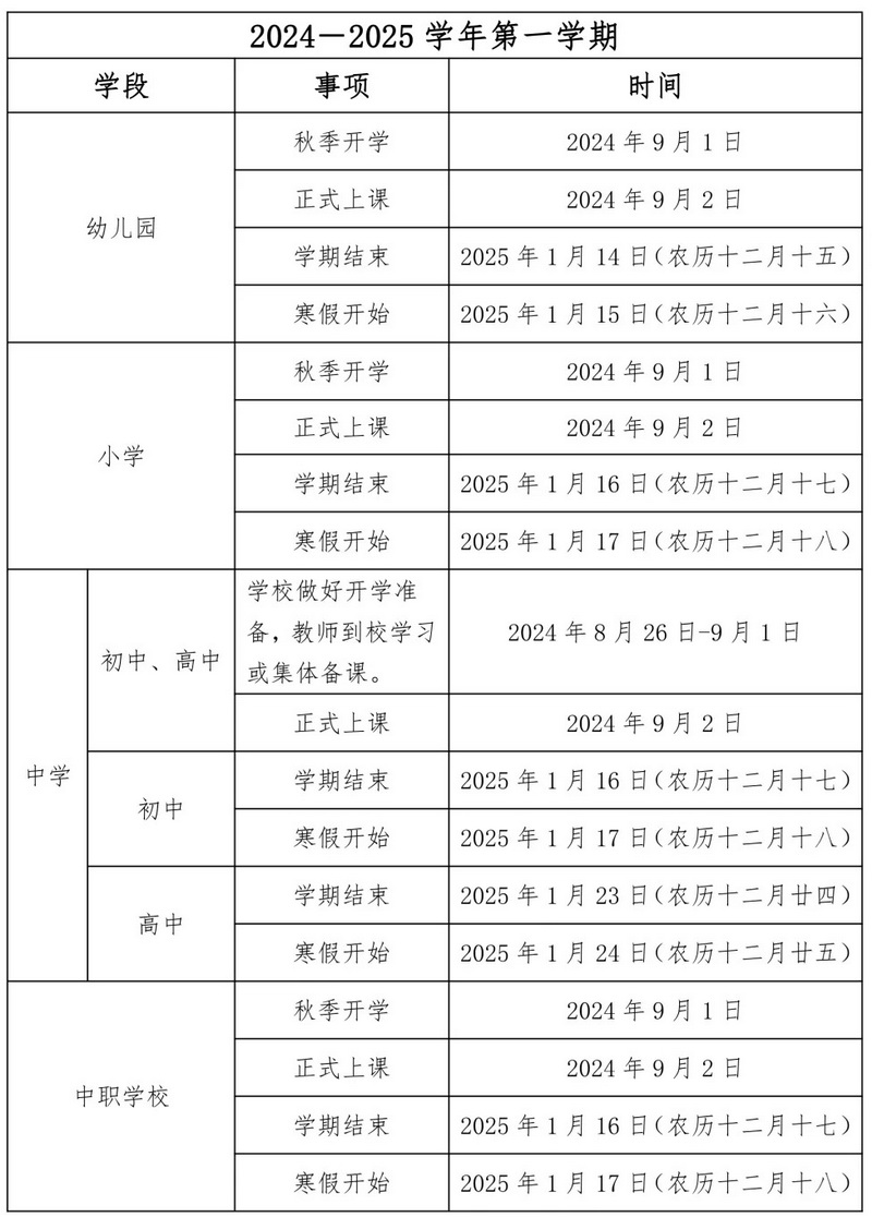 泉州市教育局发布《泉州市2024—2025学年度幼儿园、普通中小学中等职业学校校历时间安排》 - 憨鼠网