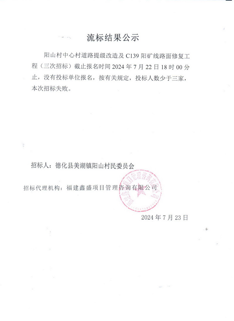 阳山村中心村道路提级改造及C139阳矿线路面修复工程（三次招标）流标结果公示 - 憨鼠网