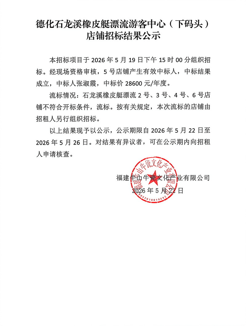 德化石龙溪橡皮艇漂流游客中心（下码头）店铺招标结果公示 - 憨鼠网
