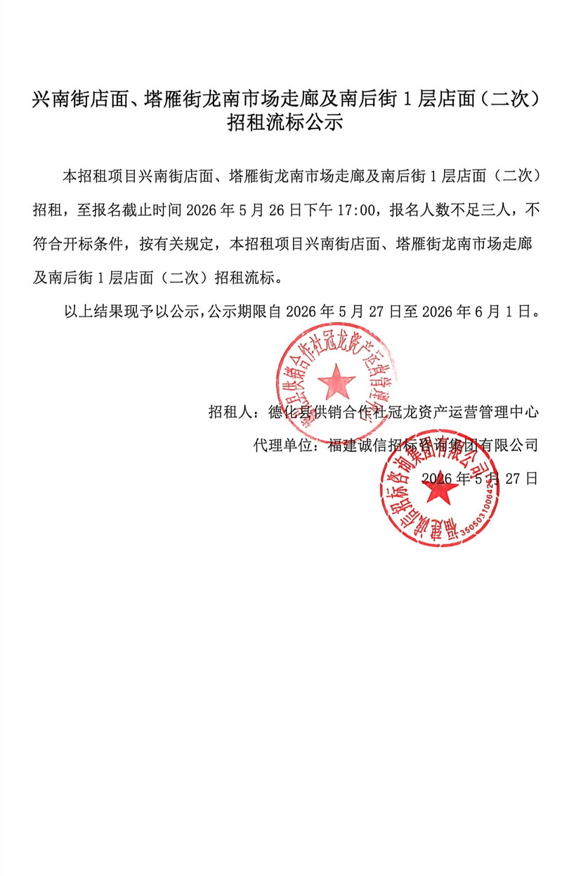兴南街店面、塔雁街龙南市场走廊及南后街1层店面（二次）招租流标公示 - 憨鼠网