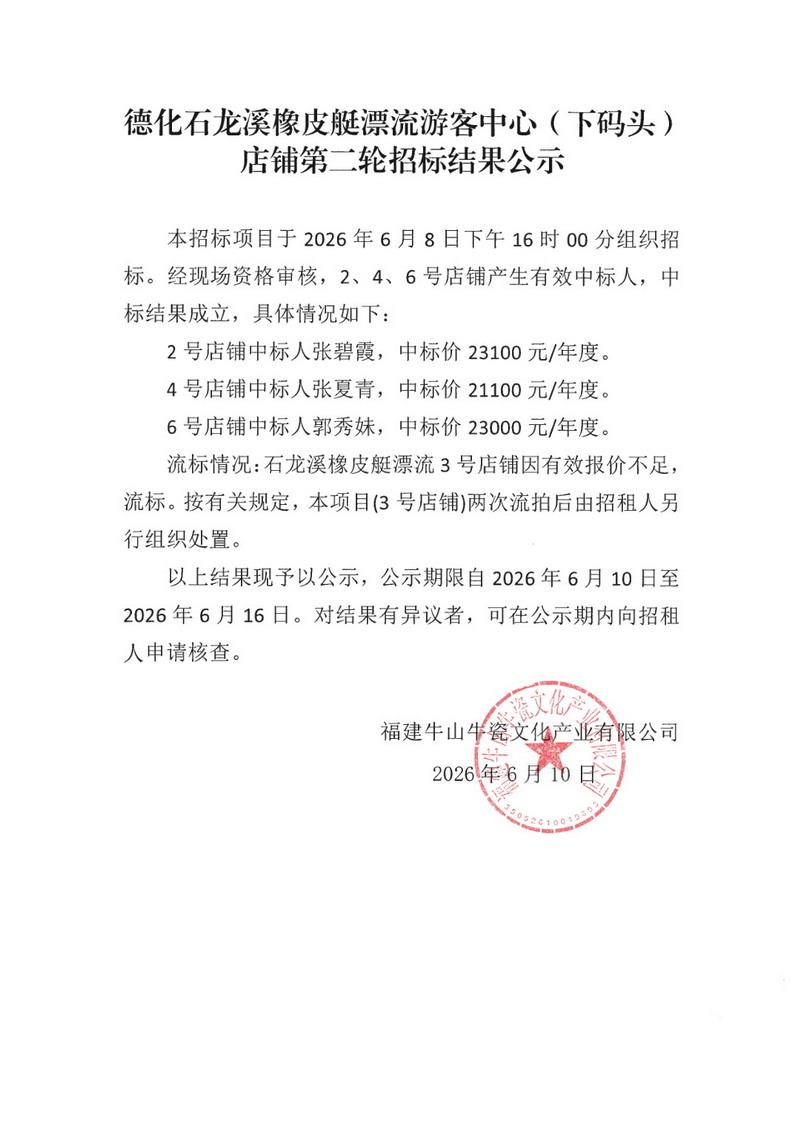 德化石龙溪橡皮艇漂流游客中心（下码头）店铺第二轮招标结果公示 - 憨鼠网