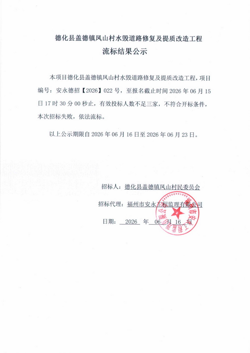 德化县盖德镇凤山村水毁道路修复及提质改造工程流标结果公示 - 憨鼠网