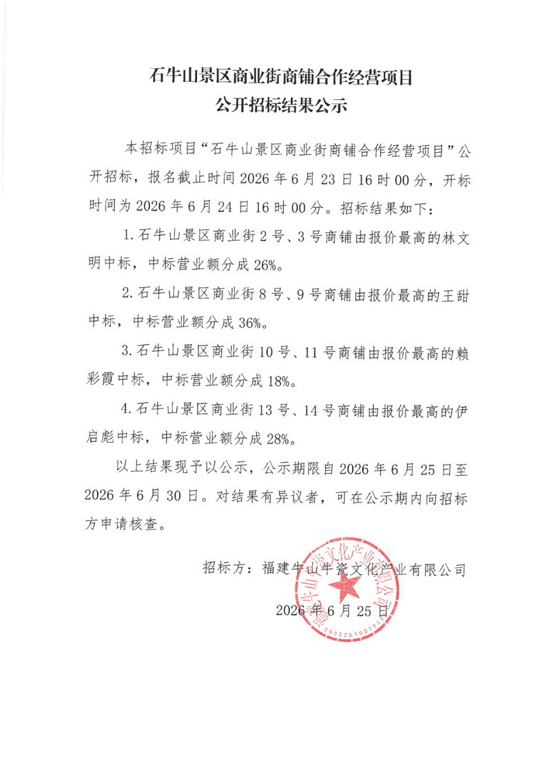 石牛山景区商业街商铺合作经营项目公开招标结果公示 - 憨鼠网