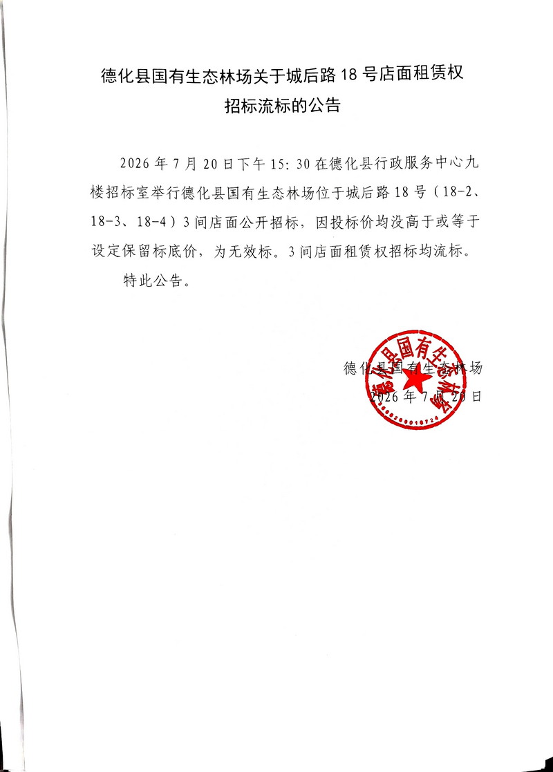 德化县国有生态林场关于城后路18号店面租赁权招标流标的公告 - 憨鼠网