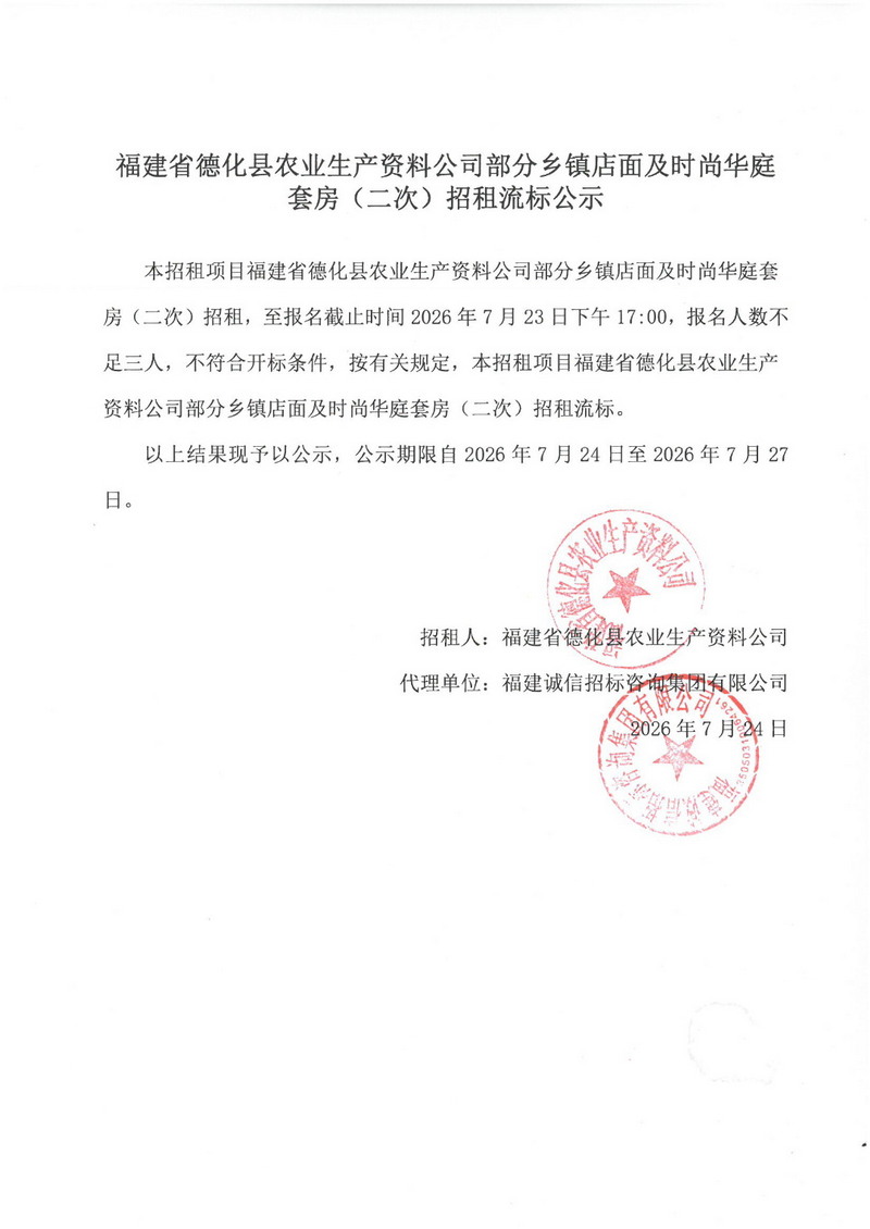 福建省德化县农业生产资料公司部分乡镇店面及时尚华庭套房(二次)招租流标公示 - 憨鼠网