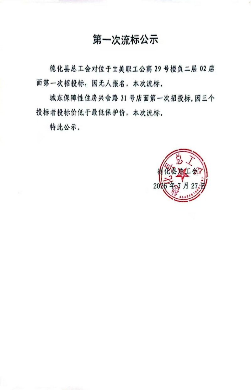 德化县总工会位于宝美职工公寓29号楼负二层02店面第一次流标公示 - 憨鼠网