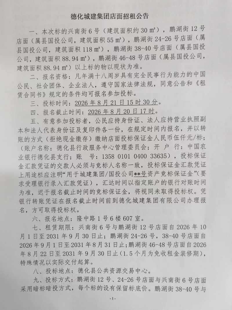 德化城建集团店面招租公告 - 憨鼠网