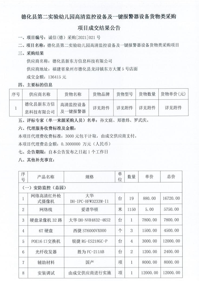 德化县第二实验幼儿园高清监控设备及一键报警器设备货物类采购项目成交结果公告 - 憨鼠网