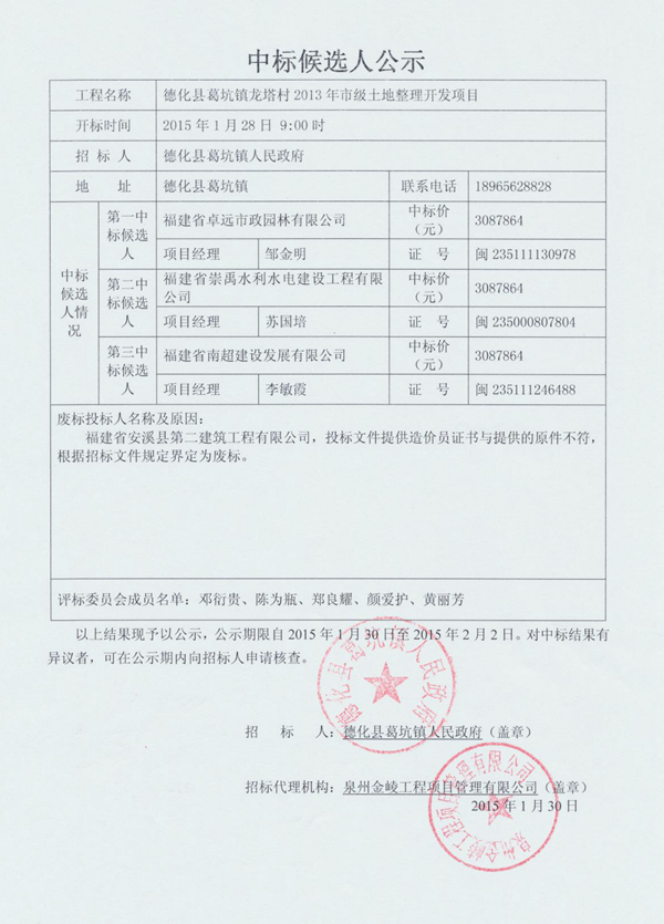 葛坑镇龙塔村2013年市级土地整理开发项目中标候选人公示 - 憨鼠网