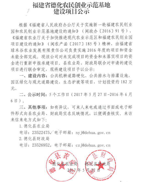 福建省德化农民创业示范基地建设项目公示 - 憨鼠网