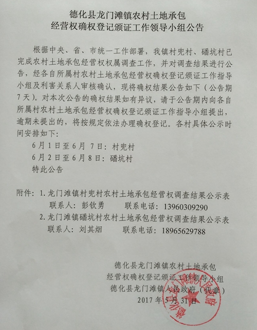 龙门滩镇农村土地承包经营权确权登记颁证工作领导小组公告 - 憨鼠网