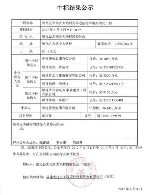 大铭乡大铭村角落宅前宅后道路硬化工程中标结果公示 - 憨鼠网
