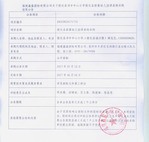 德化县新寨幼儿园课桌椅采购流标结果公示 - 憨鼠网