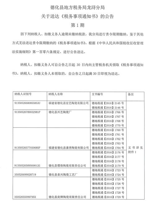 德化县地方税务局龙浔分局关于送达《税务事项通知书》的公告（第1期） - 憨鼠网