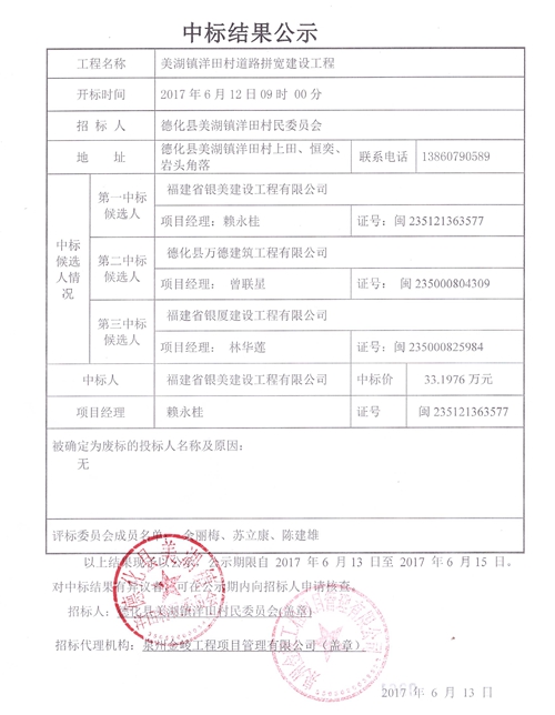 美湖镇洋田村道路拼宽建设工程中标结果公示 - 憨鼠网