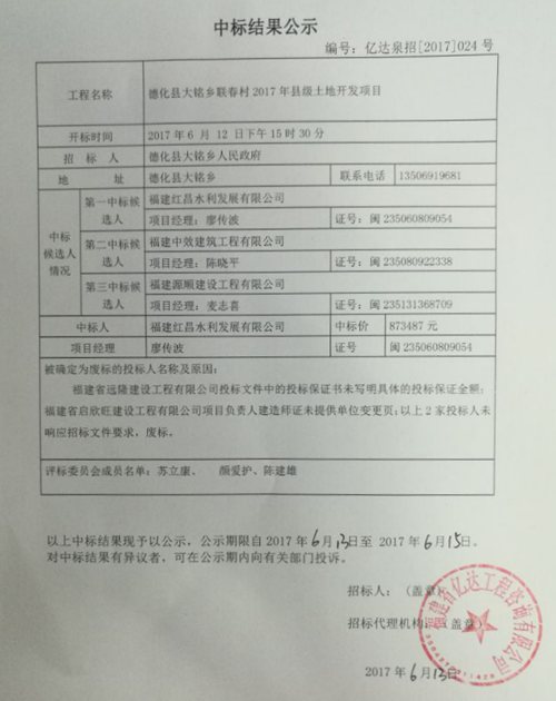 大铭乡联春村2017年县级土地开发项目中标结果公示 - 憨鼠网