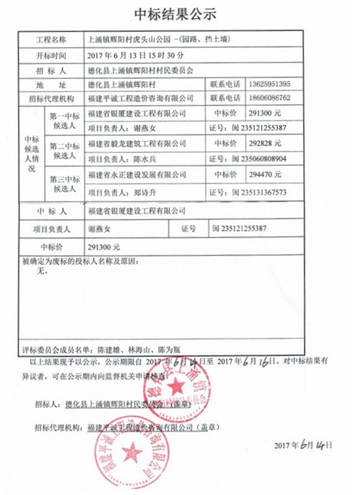 上涌镇辉阳村农村饮水精品工程建设项目招投标结果公示 - 憨鼠网