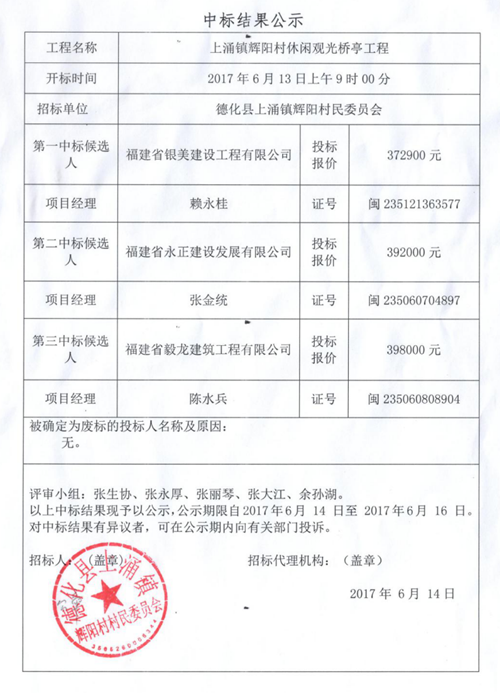 上涌镇辉阳村休闲观光桥亭工程中标结果公示 - 憨鼠网