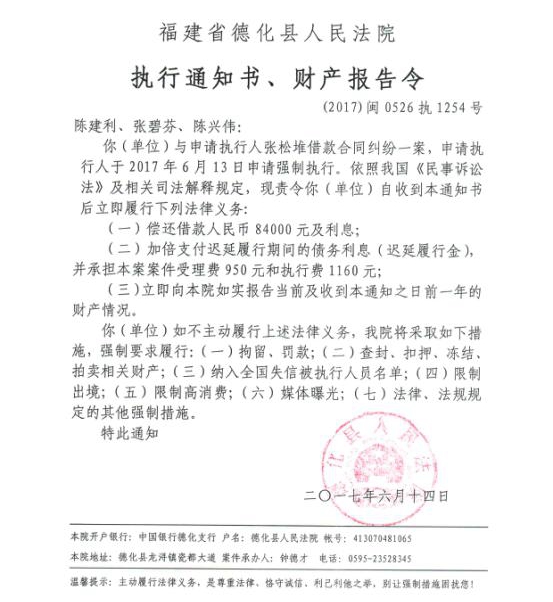 德化法院关于陈建利、张碧芬、陈兴伟的执行通知书、财产报告令 - 憨鼠网