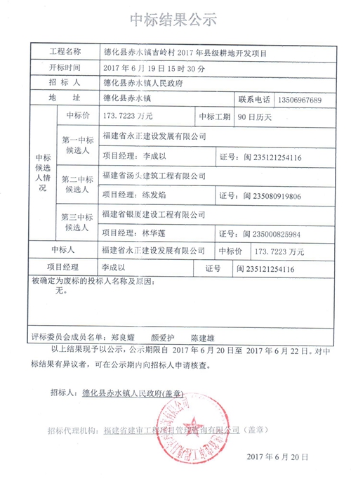 德化县赤水镇吉岭村2017年县级耕地开发项目中标结果公示 - 憨鼠网