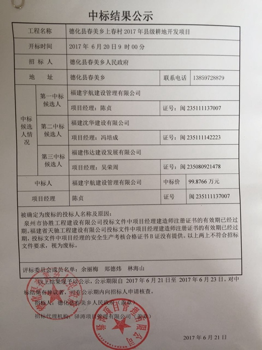 德化县春美乡上春村2017年县级耕地开发项目中标结果公示 - 憨鼠网