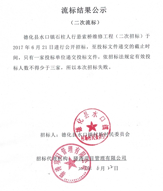 水口镇石柱人行悬索桥维修工程（二次招标）流标结果公示 - 憨鼠网