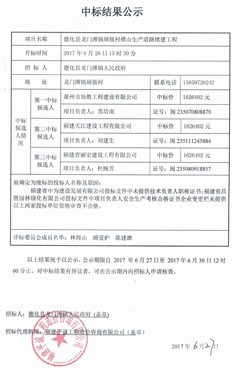 龙门滩镇硕儒村横山生产道路续建工程中标候选人公示 - 憨鼠网