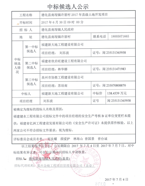 南埕镇许厝村2017年县级土地开发项目中标结果公示 - 憨鼠网