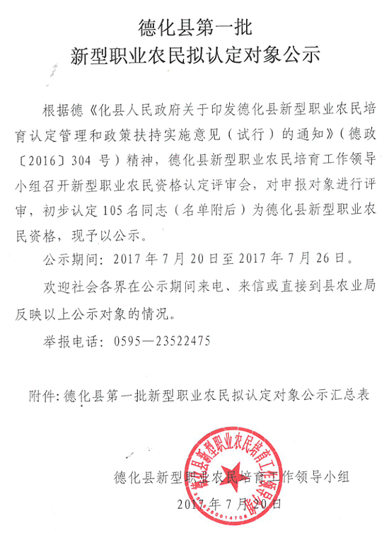 德化县第一批新型职业农民拟认定对象公示 - 憨鼠网