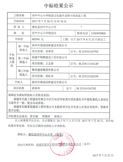 浔中中心小学校园文化提升及图书馆改造工程中标结果公示 - 憨鼠网