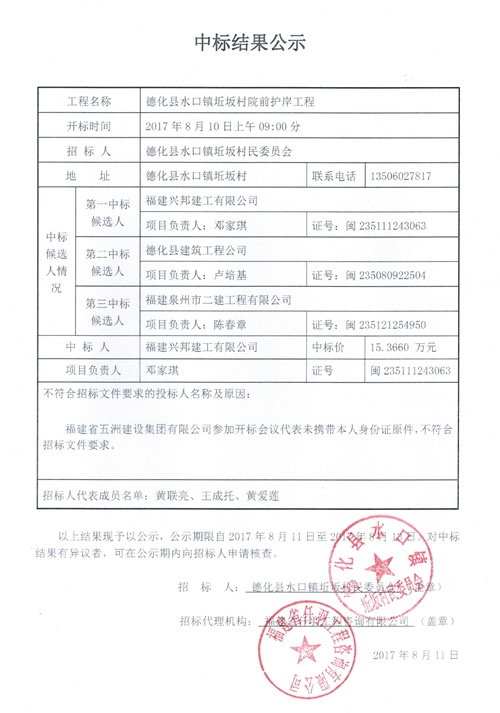 水口镇坵坂村院前护岸工程中标结果公示 - 憨鼠网