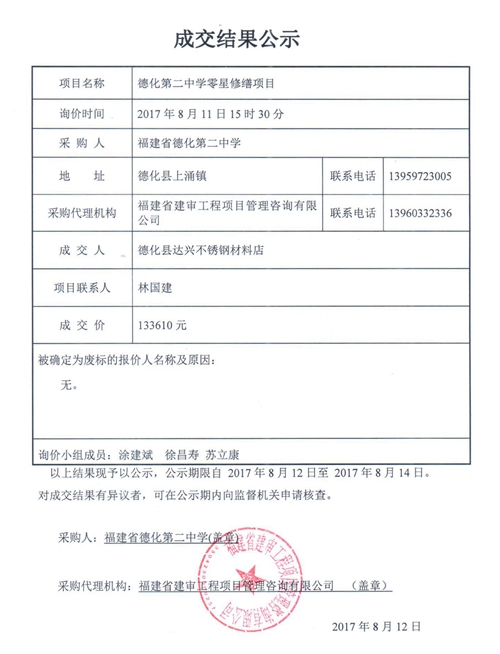 德化第二中学零星修缮项目成交结果公示 - 憨鼠网