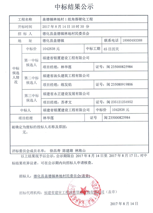 盖德镇林地村1组角落硬化工程中标结果公示 - 憨鼠网