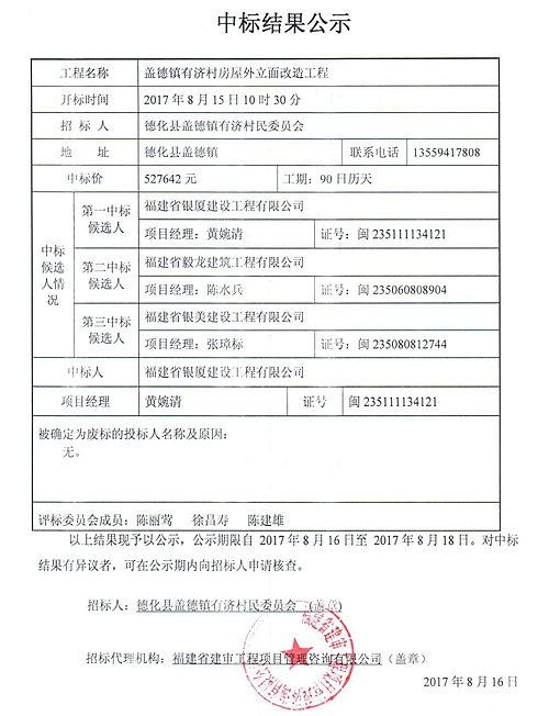盖德镇有济村房屋外立面改造工程中标结果公示 - 憨鼠网