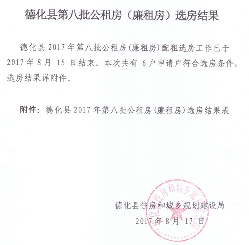 德化县第八批公租房(廉租房)选房结果公示 - 憨鼠网