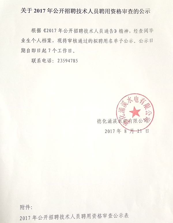 德化县涌溪水电有限公司2017年公开招聘技术人员聘用资格审查公示 - 憨鼠网