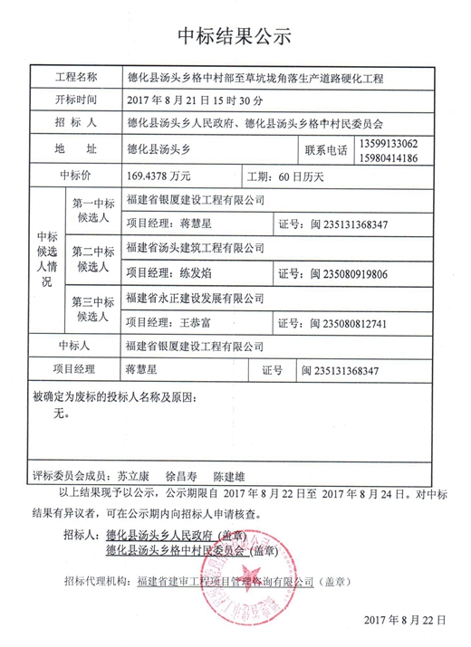 汤头乡格中村部至草坑垅角落生产道路硬化工程中标结果公示 - 憨鼠网