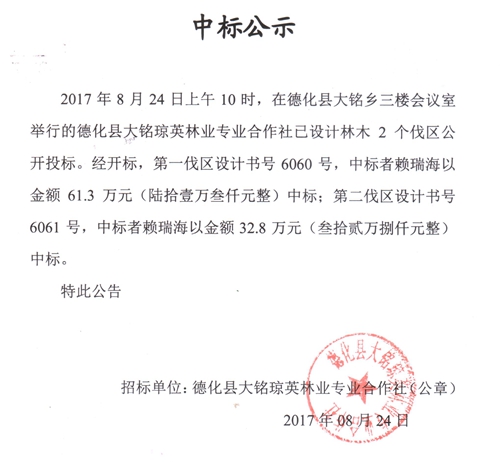 大铭乡琼英林业专业合作社(股份林场)木材出售中标结果公示 - 憨鼠网