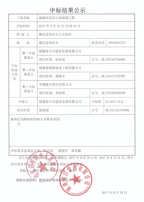 涌溪村房屋立面修缮工程中标结果公示 - 憨鼠网