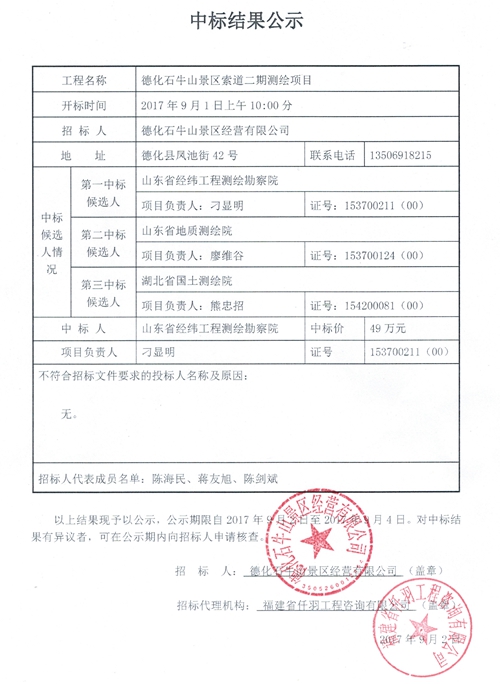 德化石牛山景区索道二期测绘项目中标结果公示 - 憨鼠网