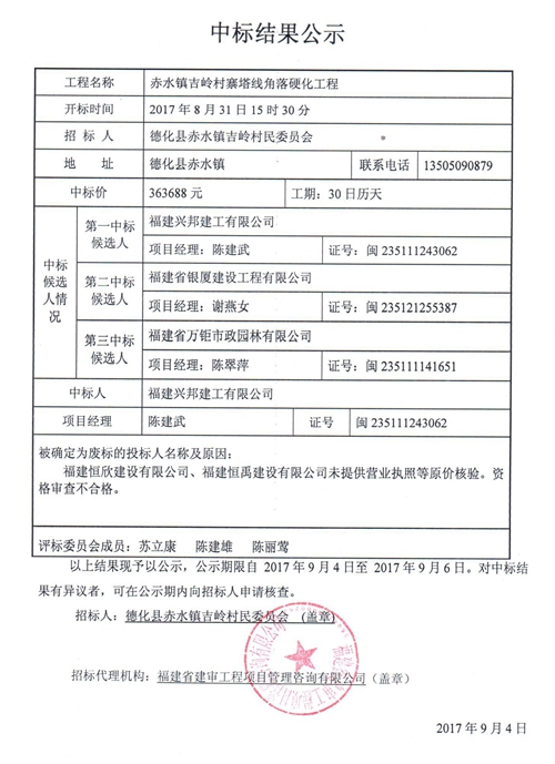 赤水镇吉岭村寨塔线角落硬化工程中标结果公示 - 憨鼠网