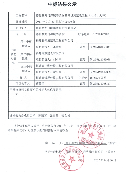 龙门滩镇碧坑村基础设施建设工程（大洋、大坪）中标结果公示 - 憨鼠网