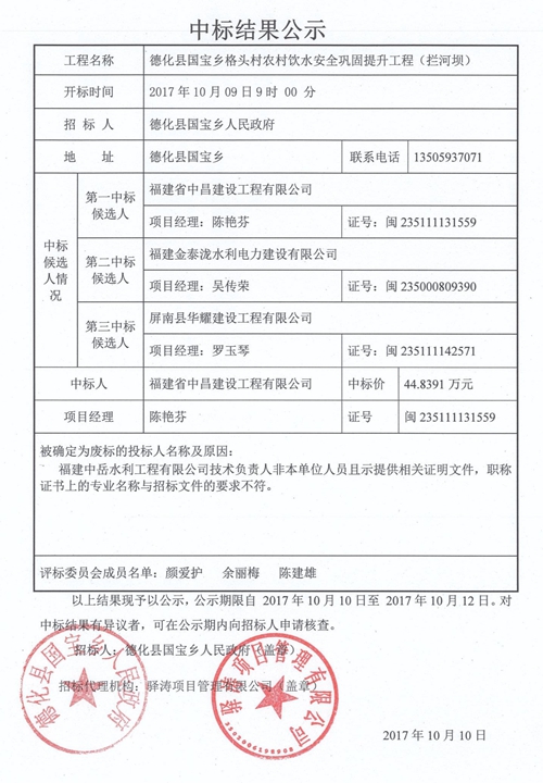 格头村农村饮水安全巩固提升工程（拦河坝）中标结果公示 - 憨鼠网