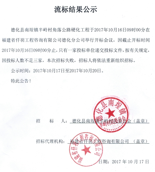 南埕镇半岭村角落公路硬化工程流标结果公示 - 憨鼠网