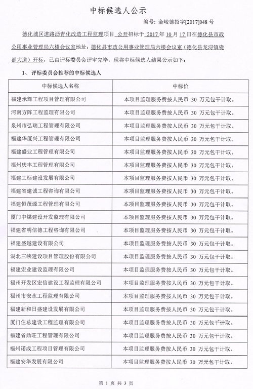 德化城区道路沥青化改造工程监理的中标候选人公示 - 憨鼠网
