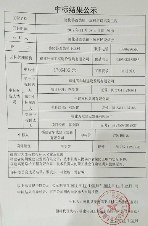 盖德镇下坑村道路拓宽工程中标结果公示 - 憨鼠网