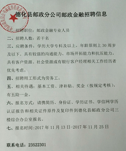 德化县邮政分公司邮政金融招聘信息 - 憨鼠网