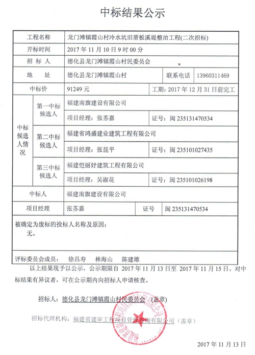 龙门滩镇霞山村冷水坑旧厝板溪堤整治工程（二次招标）中标结果公示 - 憨鼠网
